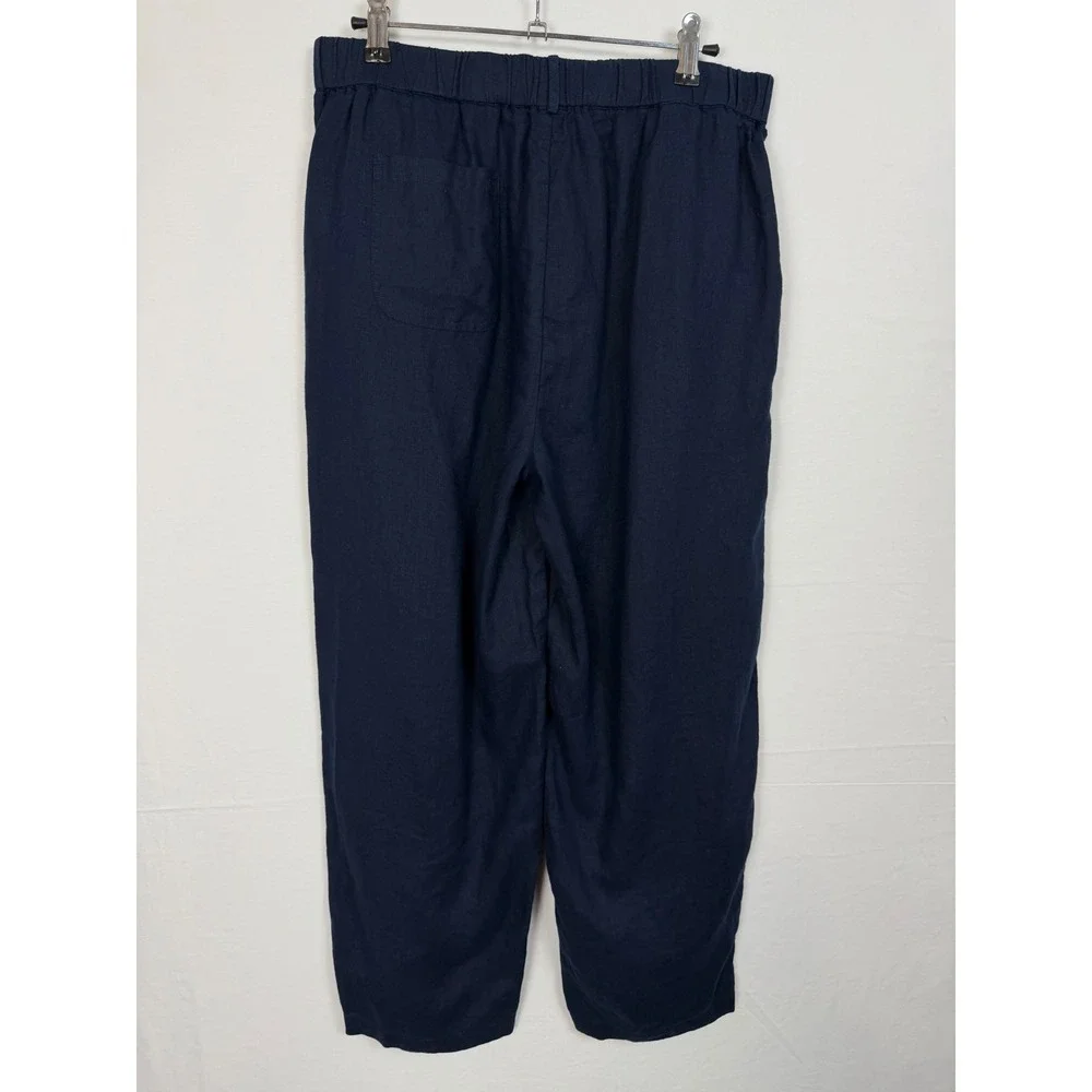 Quince Women 100% Linen Pants Size M Navy Blue Elastic Waist Tapered Trousers